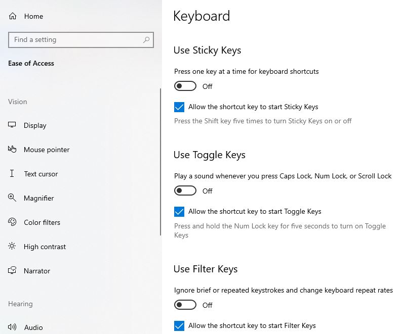 Turn off Sticky and Filter Keys